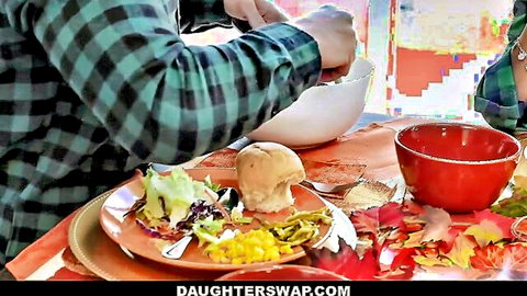 Thanksgiving dinner table setup in Daughter Swap porn, hot babe riding cock in panties
