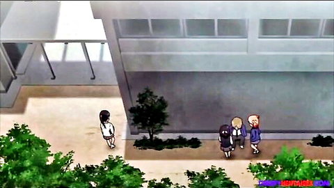 Anime hentai scene with schoolgirls and boy outside building, stepdad fantasy teaser
