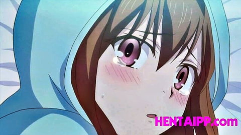 Blushing anime stepsister in blue hoodie looks surprised in hentai tease