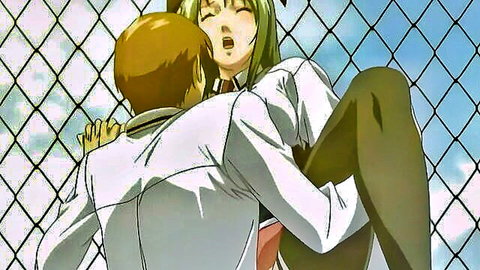 Hentai couple in outdoor embrace: green-haired woman with huge tits lifted against fence in school uniform