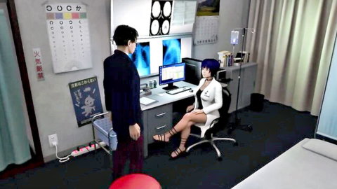 3D animated blue-haired babe in nurse outfit at hospital desk with suited man