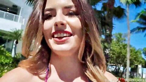 Chanel Camryn smiles in purple bikini by pool, teasing for BBC action