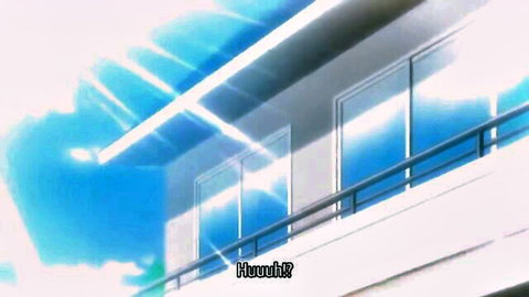 Anime balcony scene with glowing blue sky and 'HOW?' text overlay in hentai style