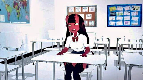 Seductive red-skinned demon schoolgirl with huge tits sits on classroom desk spreading legs teasingly