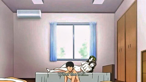 Shocked nude hentai boy and black-haired girl on bed with standing green-haired bare tits pussy babe