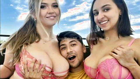 Malisa Moir, Angie Faith & Hailey Rose tease guy with big tits in outdoor lingerie hug