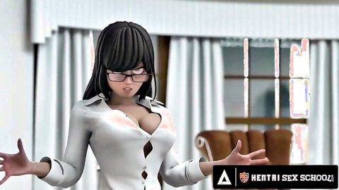 Busty hentai teacher with glasses poses arms out exposing deep cleavage in unbuttoned white blouse