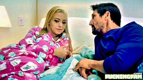 Savannah Sixx in pink pajamas seducing stepdad on bed