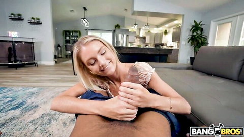 Payton Avery blonde babe holding big black cock in POV interracial scene