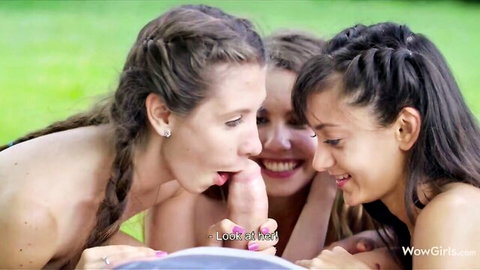 Elle, Shrima, Stefanie nude brunettes licking cock in outdoor foursome