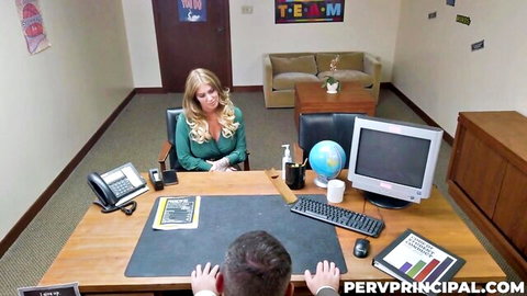 Lolly Dames in green blouse giving handjob to principal in office