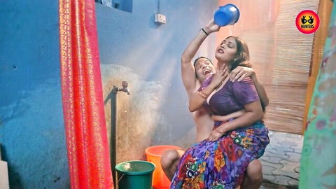 Skinny Indian Wendy F embraces lover in steamy water pour scene