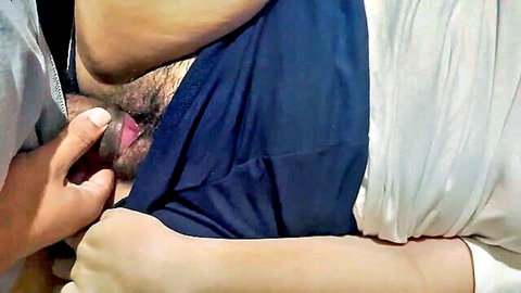 Thai amateur closeup of tight Asian pussy with hand insertion in blue shorts