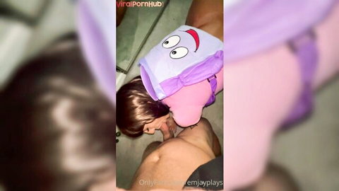 Dora cosplay slut deepthroating thick cock while wearing backpack mask