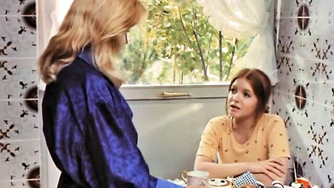 Vintage blonde and brunette babes in kitchen chat before hairy pussy anal orgy