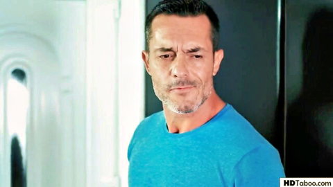 Intense mature step daddy in blue shirt stares hungrily before taboo fuck with Simona Blue
