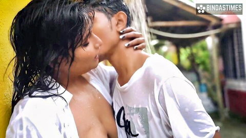 Wet Indian MILF in see-through shirt kissing outdoors passionately