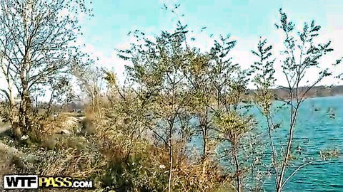 Barbie's scenic lakeside blowjob in outdoor public sex adventure