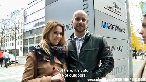 Czech couple teases wife swap flirt on cold street before indoor fuck