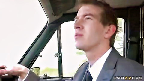 Suited man driving car in Donna Bell's husband surprise scene to church - Brazzers