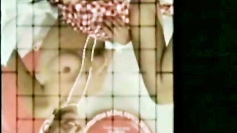 Vintage retro porn with sexy model showing tan lines on exposed breasts
