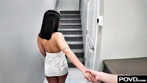 Petite Asian Kimmy Kimm in sexy backless white dress leads POV tease