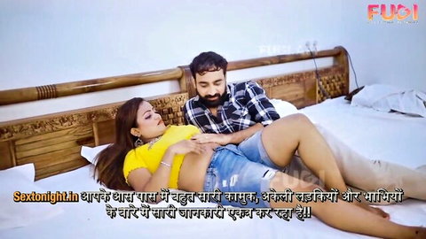 Busty Indian babe in yellow top spreads legs for bearded lover's embrace on bed