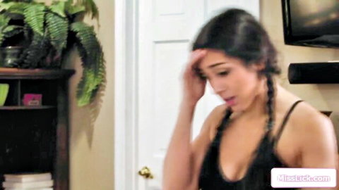 Big tit Latina in black tank top, surprised expression for ass licking threesome