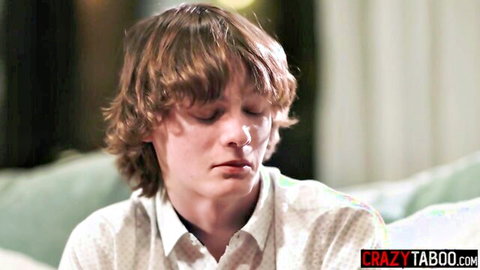 Young stepson with curly brown hair and white shirt in taboo scene