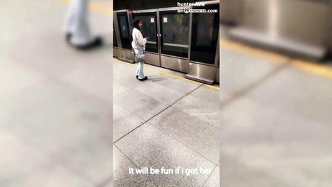 Woman in tight white pants standing at subway platform with scooter and fun text overlay