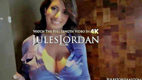 Brunette with huge tits bursting from open blue blouse teases seductively
