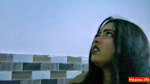 Seductive Desi Indian wife with long dark hair looking up in saree, kinky scene