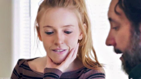 Madi Collins in intimate close-up with lover, blonde petite star gazing seductively