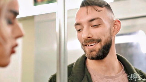 Emma Rose innocent shemale flirts on subway with horny TS guy