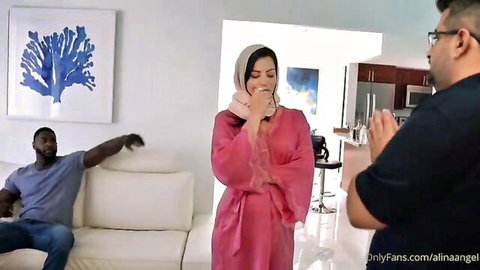 Shy Arab hijabi babe in pink silk robe smiles hand over mouth between BBC stud and Arab guy