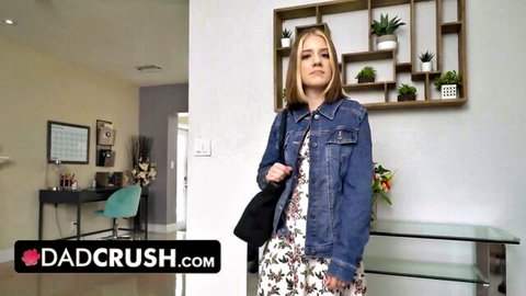 Blonde stepdaughter in denim jacket and floral dress for POV discipline scene