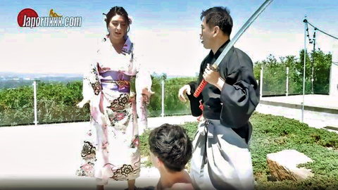 Angeline Red in kimono with samurai in JAV cosplay scene