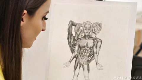 Amirah Adara admires artistic nude male sketch in Evil Angel orgy scene