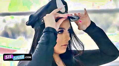 Sexy Latina police cosplay babe in leather adjusting pink sunglasses on hat