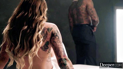 Kendra Sunderland tattooed blonde topless on bed with muscular black man Deeper scene