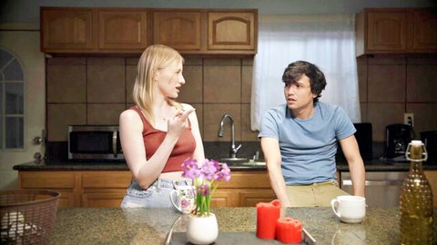 Melody Marks in casual kitchen chat with handsome guy, intimate vibes