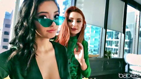 Scarlett Bloom and Lacy Lennon tease in green outfits, steamy lesbian vibe