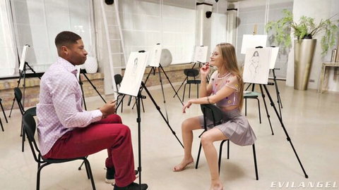 Tiffany Tatum in seductive art class with black artist, blonde slim beauty