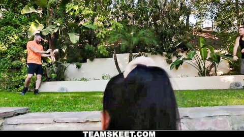 Petite brunette starlet with tiny frame in outdoor group play