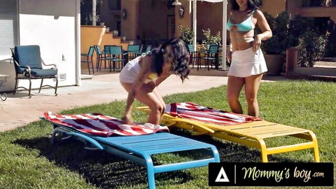 Queenie Sateen & Vanessa Sky in bikinis, squatting teasingly outdoors for stepmom threesome