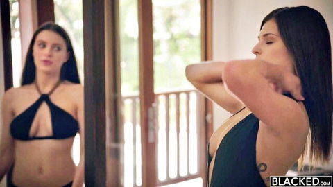 Lana Rhoades and Leah Gotti in sexy black swimsuits, Blacked thumbnail