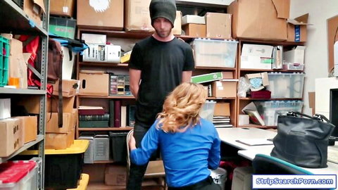 Krissy Lynn bent over for strip search by shoplifter in tight blue top