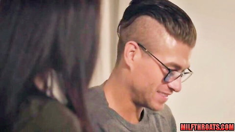 Brunette MILF with long hair in intimate scene with handsome guy in glasses