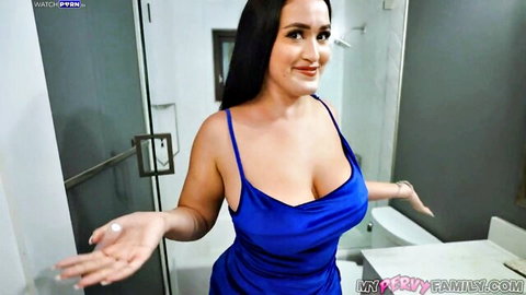 Nia Bleu college girl in low-cut blue dress showing big tits cleavage POV