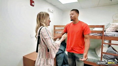 Blonde MILF seduces muscular black guy in dorm seduction scene